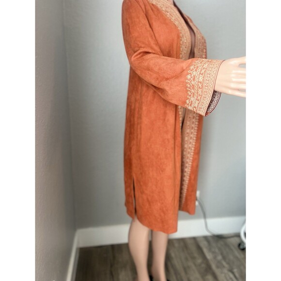 Soft Surroundings Faux Suede Orange Duster Coat Jacket Cardigan Embroidered Sz L - Picture 9 of 11